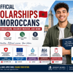 Modern infographic showing best official scholarships for Moroccan students including Stipendium Hungaricum, Erasmus Mundus, Swiss Government Excellence Scholarships, MEXT Japan, Chevening UK, Turkiye Scholarships, and DAAD Germany with a Moroccan student holding books in front of global landmarks.