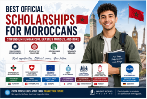 Modern infographic showing best official scholarships for Moroccan students including Stipendium Hungaricum, Erasmus Mundus, Swiss Government Excellence Scholarships, MEXT Japan, Chevening UK, Turkiye Scholarships, and DAAD Germany with a Moroccan student holding books in front of global landmarks.