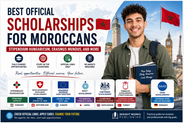Modern infographic showing best official scholarships for Moroccan students including Stipendium Hungaricum, Erasmus Mundus, Swiss Government Excellence Scholarships, MEXT Japan, Chevening UK, Turkiye Scholarships, and DAAD Germany with a Moroccan student holding books in front of global landmarks.