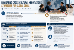 Cross-cultural business negotiation between international professionals discussing a global deal in a multinational corporate meeting.