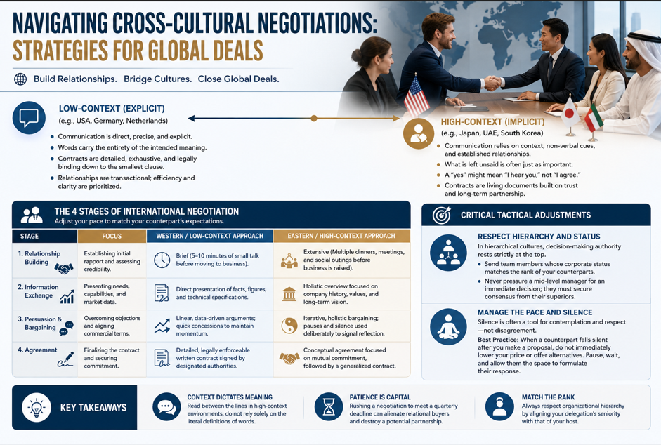 Cross-cultural business negotiation between international professionals discussing a global deal in a multinational corporate meeting.