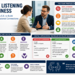Professional business meeting showing active listening and communication skills, illustrating the F.A.C.E. framework (Focus, Acknowledge, Clarify, Empathize) for building stronger professional relationships.