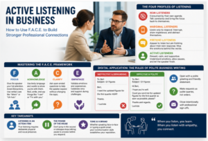 Professional business meeting showing active listening and communication skills, illustrating the F.A.C.E. framework (Focus, Acknowledge, Clarify, Empathize) for building stronger professional relationships.