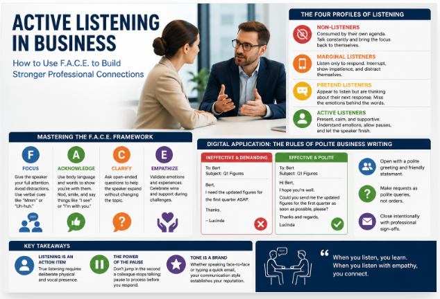 Professional business meeting showing active listening and communication skills, illustrating the F.A.C.E. framework (Focus, Acknowledge, Clarify, Empathize) for building stronger professional relationships.